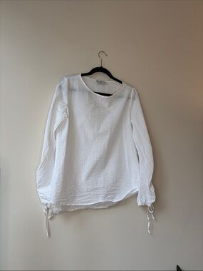 Textured White Long-Sleeve Blouse with Tie Cuffs